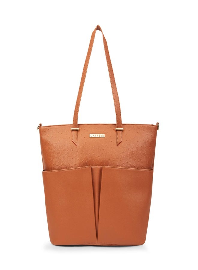 كابريس حقيبة كابريس الكبيرة من جلد النعام للنساء، مزودة بحزام قابل للتعديل والفصل | حقيبة أنيقة للكتف واليد | تتسع لأجهزة الكمبيوتر المحمولة حتى 16 بوصة | تصميم متين متعدد الجيوب للعمل والسفر (لون بني فاتح) - Image 1